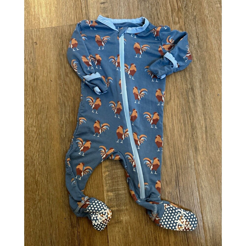 Kickee pants 0-3 Months Blue Rooster baby Print Zip Footed romper One-Piece